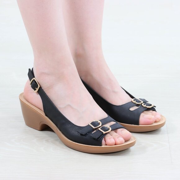 Black Slingback Wedge Sandals Women’s Open Toe Gold Buckle Comfort 2” Heel - Picture 2 of 16